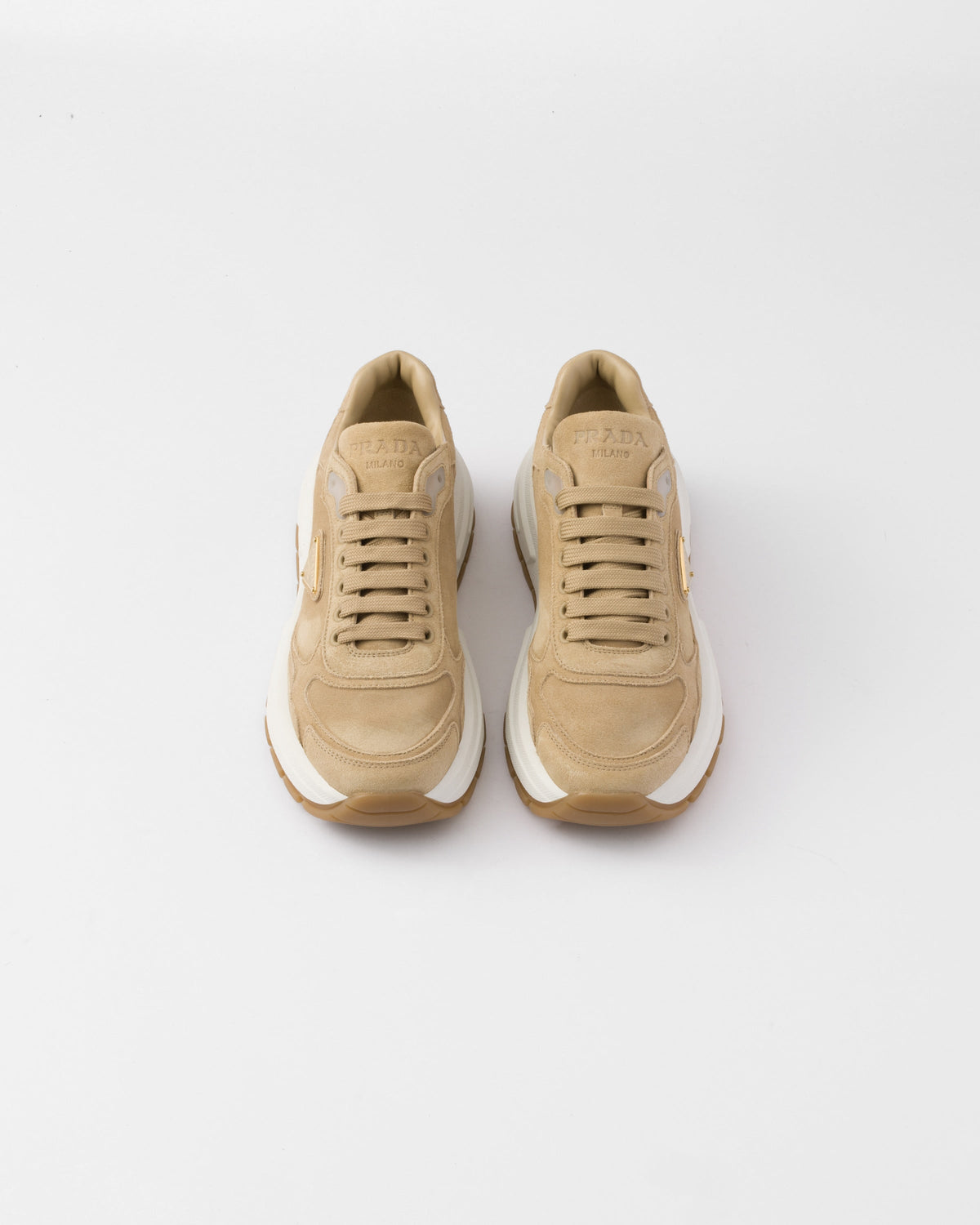 PRAX 01 suede sneakers – the enameled metal triangle logo embellishes these sporty suede shoes completed – LUX VERSE Luxury Designer Fashion Outlet