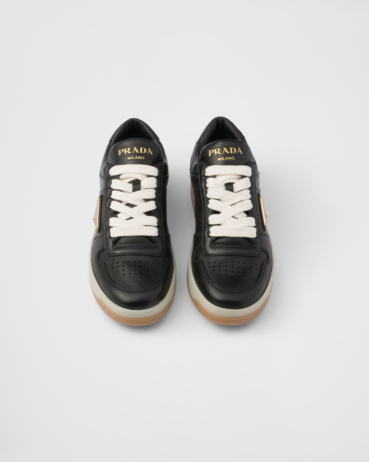 Downtown nappa sneakers – upper with perforations Leather lining Enameled metal triangle logo Cotton laces – LUX VERSE Luxury Designer Fashion Outlet