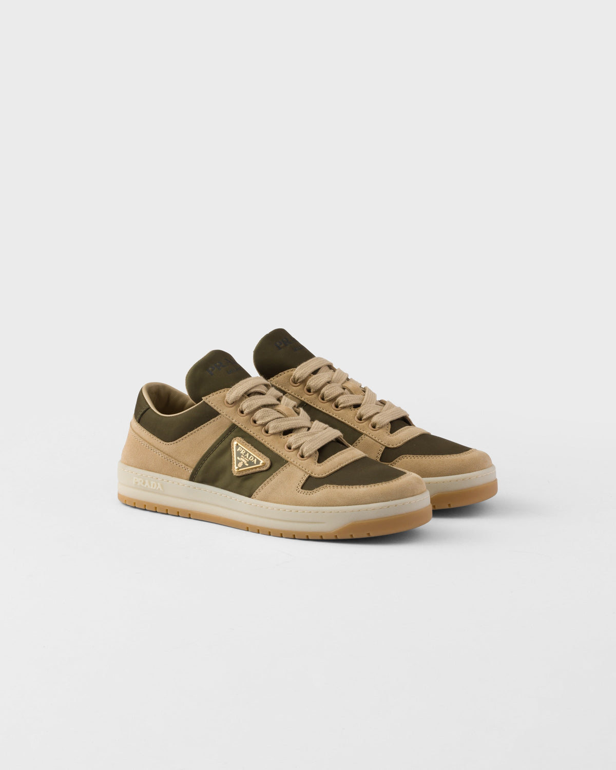 Downtown suede and Re-Nylon sneakers – leather lining Enameled metal triangle logo Cotton laces Rubber sole, 30 mm – LUX VERSE Luxury Designer Fashion Outlet