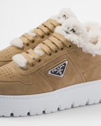 Suede cotton sneakers – upper with shearling tongue and embroidered logo Shearling lining Closure – LUX VERSE Luxury Designer Fashion Outlet