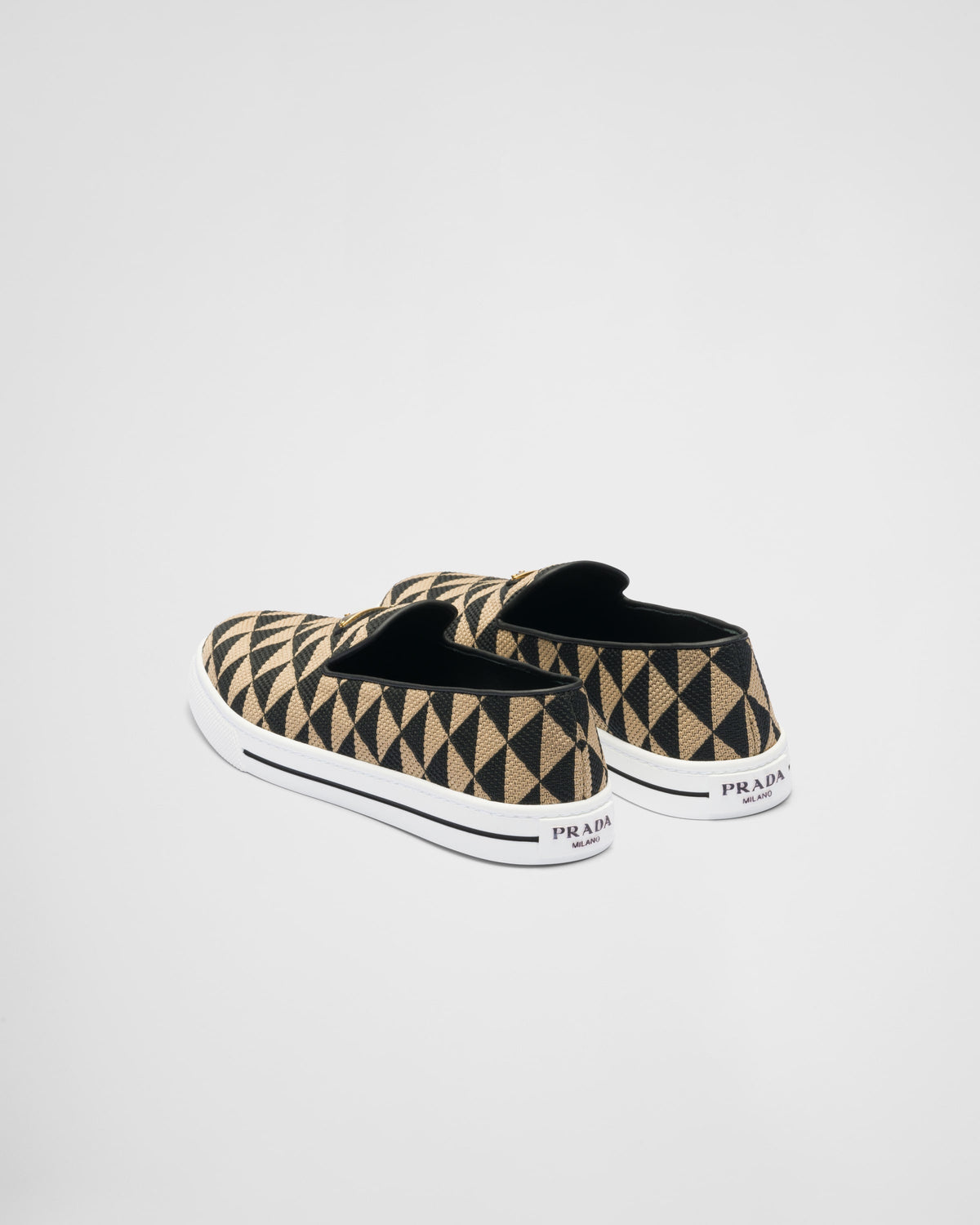 Embroidered fabric slip-on shoes – the shoe is embellished with a reinterpretation of the iconic triangle, reinvented – LUX VERSE Luxury Designer Fashion Outlet