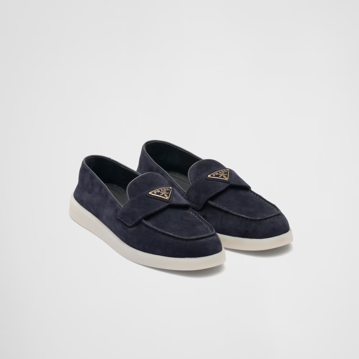 Suede leather loafers – upper with leather band Leather lining Enameled metal triangle logo Rubber sole – LUX VERSE Luxury Designer Fashion Outlet