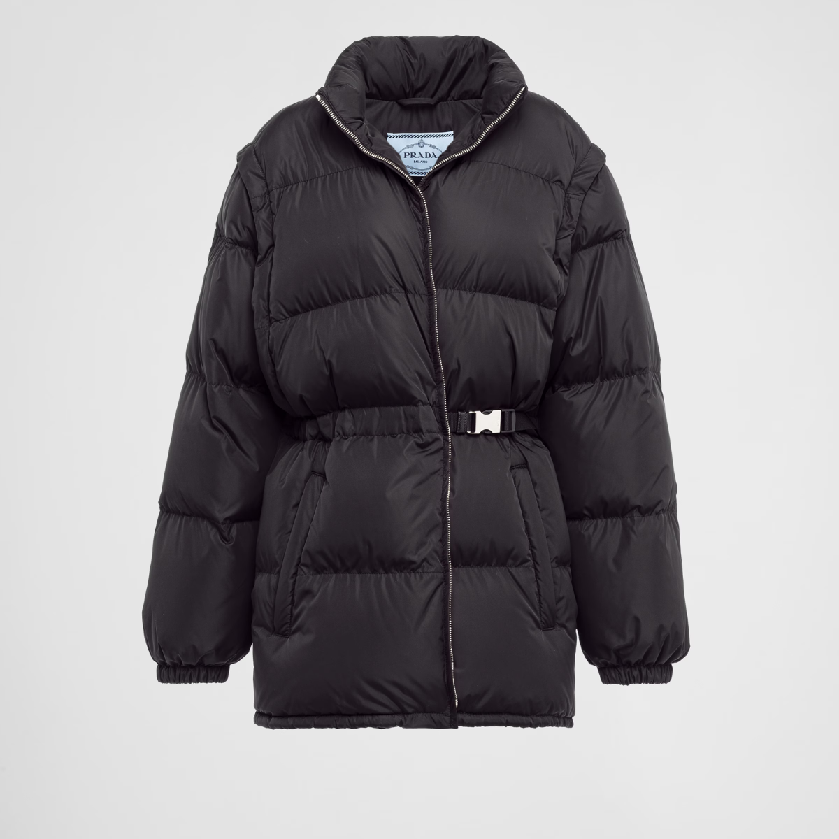 Light Re-Nylon puffer jacket – the stand-up collar, the belt with buckle at the waist and the drawstring hem define – LUX VERSE Luxury Designer Fashion Outlet