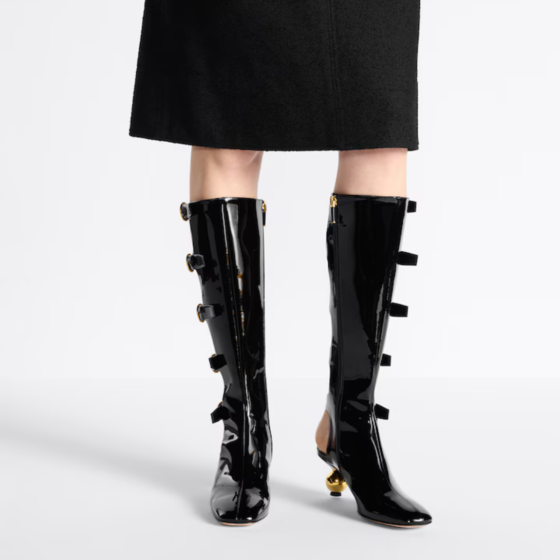 D-Idole Heeled Boot – the black patent calfskin upper is elevated by an open-back design showcasing – LUX VERSE Luxury Designer Fashion Outlet