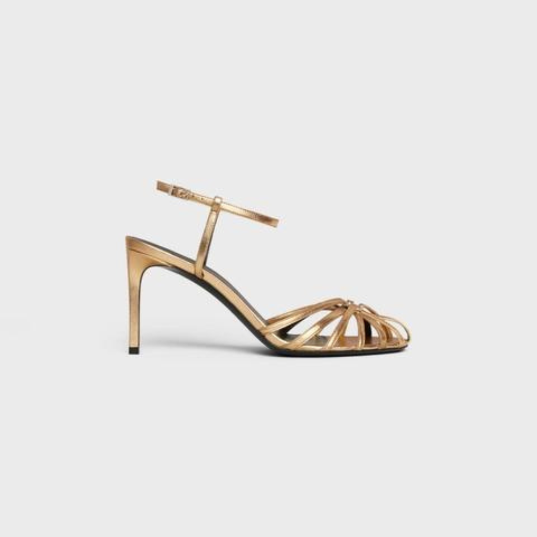 TRIOMPHE SANDAL in Laminated lambskin – 100% lambskin100% Goatskin Lining3.3 IN (85 MM) heelALMOND TOE SHAPEMETAL – LUX VERSE Luxury Designer Fashion Outlet
