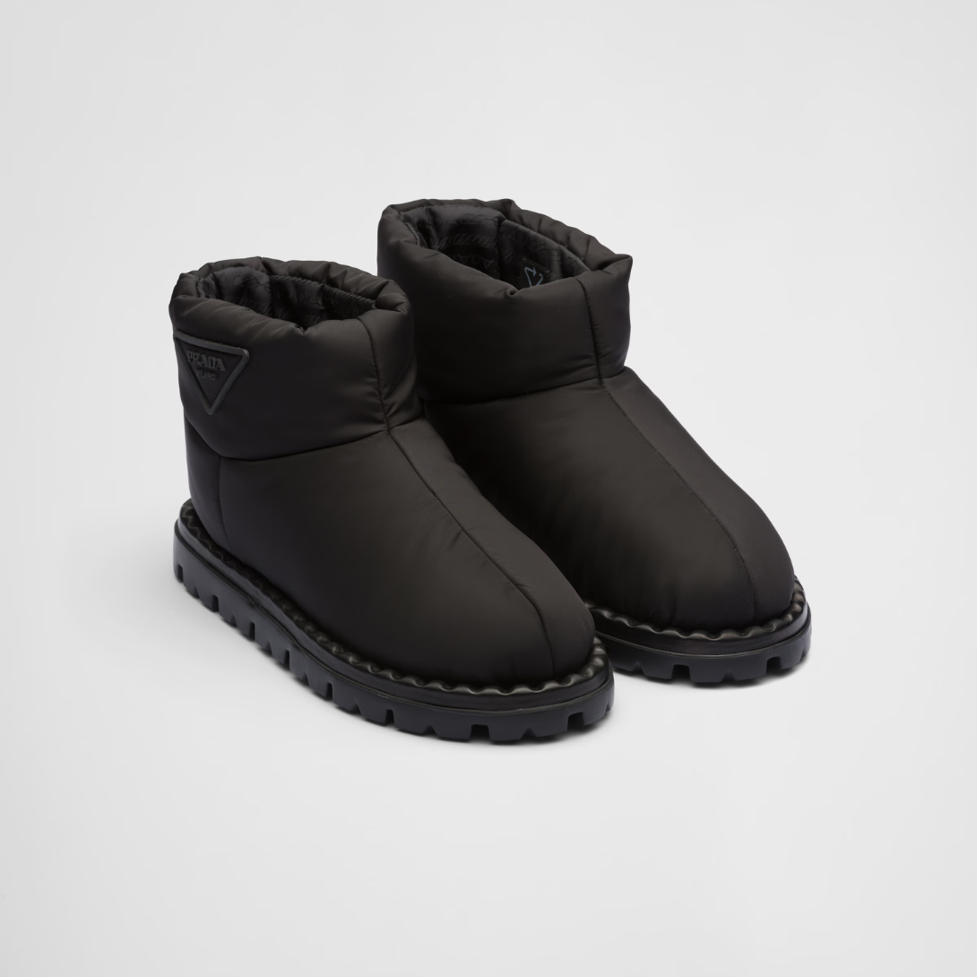 Re-Nylon booties – embossed rubber triangle logo 10 cm boot leg 20 mm rubber sole Lug tread Leather – LUX VERSE Luxury Designer Fashion Outlet