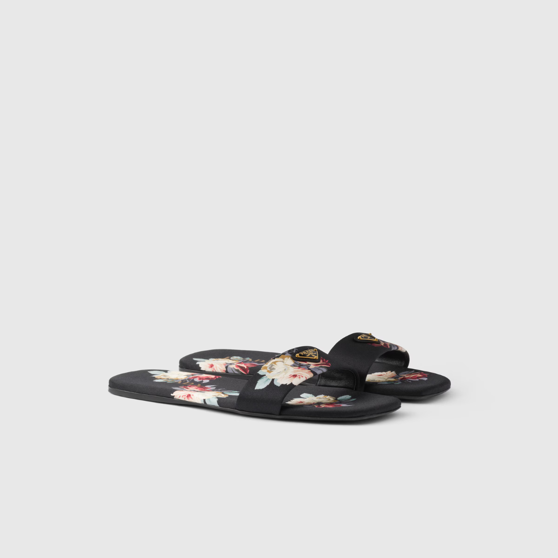 Printed satin slides – enameled metal triangle logo Monoblock leather sole, 05 mm, with hot-stamped logo – LUX VERSE Luxury Designer Fashion Outlet