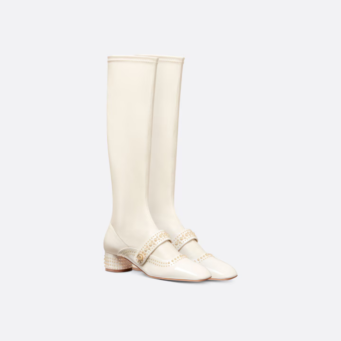 Belle-D Heeled Boot – reminiscent of a Mary Jane, patent calfskin and leather-effect stretch fabric upper – LUX VERSE Luxury Designer Fashion Outlet