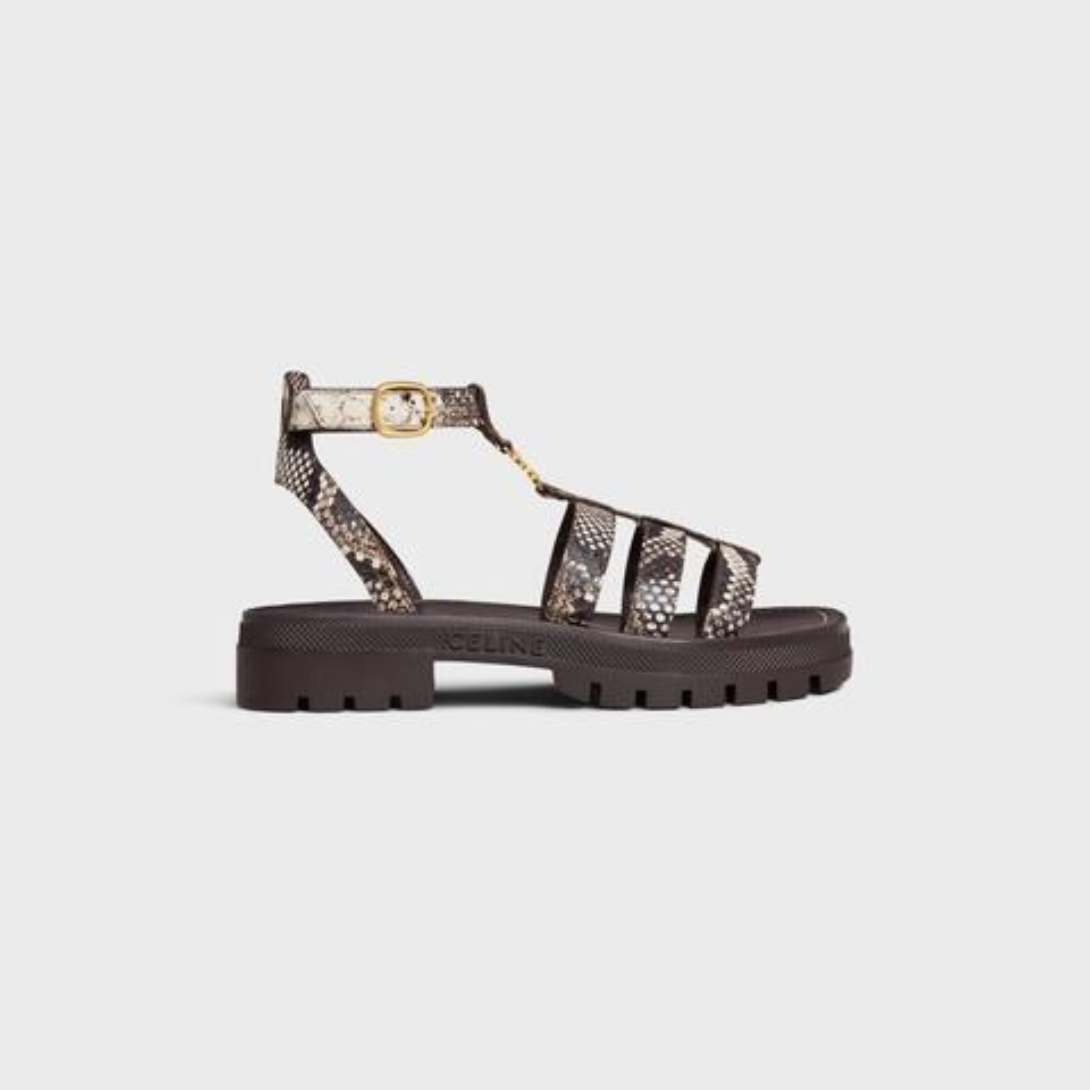 CLEA TRIOMPHE GLADIATOR SANDAL in Python Stamped Goatskin – 100% Goatskin100% Calfskin Lining1.6 IN (40 MM) heelTRIOMPHE METAL PIECE – LUX VERSE Luxury Designer Fashion Outlet