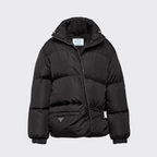Light Re-Nylon down jacket – this short nylon down jacket with stowaway hood features an original pouch pocket on – LUX VERSE Luxury Designer Fashion Outlet