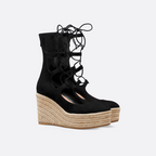 Laced Wedge Sandal-Boot – the black suede calfskin upper is enhanced by openwork lacing on the front, while – LUX VERSE Luxury Designer Fashion Outlet