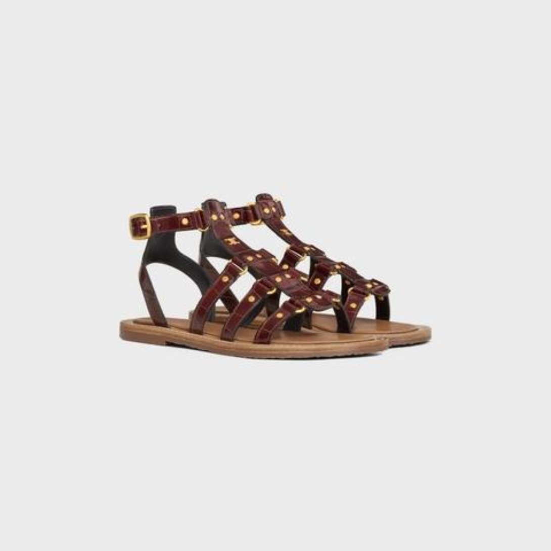 LYMPIA GLADIATOR SANDAL in CROCODILE STAMPED CALFSKIN – 100% CALFSKIN100% Calfskin LiningROUND TOE SHAPEMETAL TRIOMPHE ON – LUX VERSE Luxury Designer Fashion Outlet