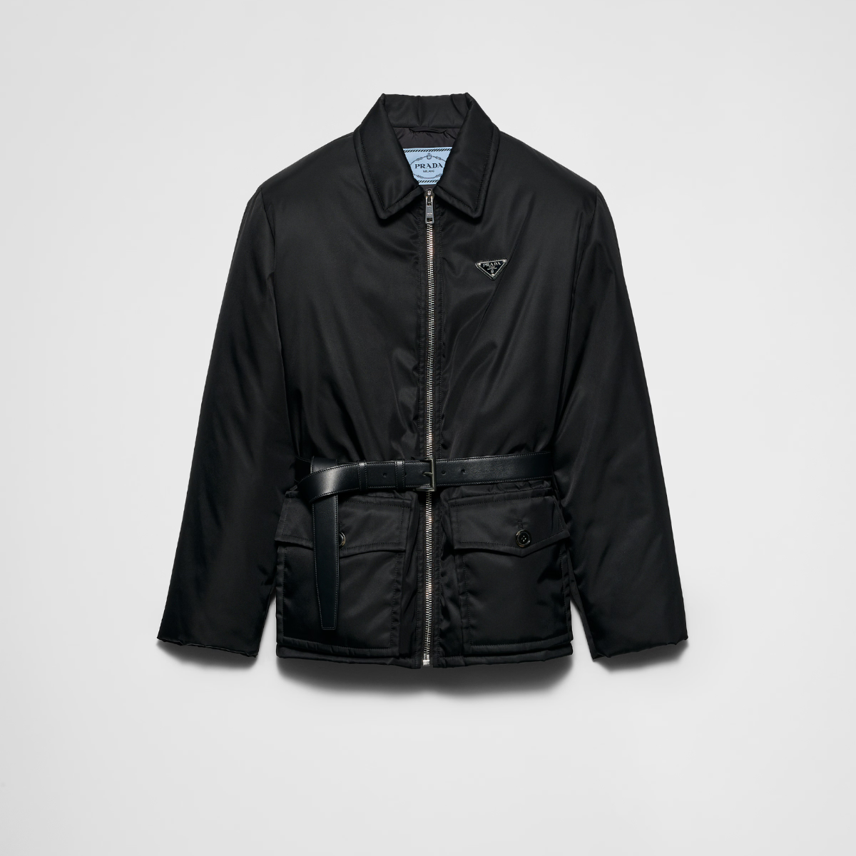 Re-Nylon down jacket with belt – the pragmatic elegance of this down jacket is an expression of aesthetic constructed – LUX VERSE Luxury Designer Fashion Outlet