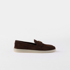 Suede loafers – upper with leather band Apron with pinched stitch seam Leather lining Enameled metal – LUX VERSE Luxury Designer Fashion Outlet