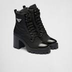 Re-Nylon and leather booties – upper with flat polyester laces Leather lining Enameled metal triangle logo 14 cm – LUX VERSE Luxury Designer Fashion Outlet
