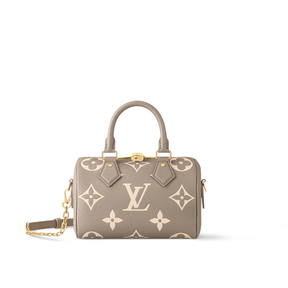 Speedy Bandoulière 20 Tourterelle Gray – made from two-tone Monogram Empreinte leather with the Monogram Flowers in a cream – LUX VERSE Luxury Designer Fashion Outlet