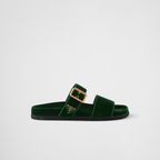 Velvet slides – the footwear defined by metal buckles has comfortable rubber soles and is decorated – LUX VERSE Luxury Designer Fashion Outlet