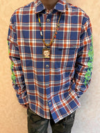 Blaues Flanell-Langarmshirt mit Print auf den Ärmeln – Herren