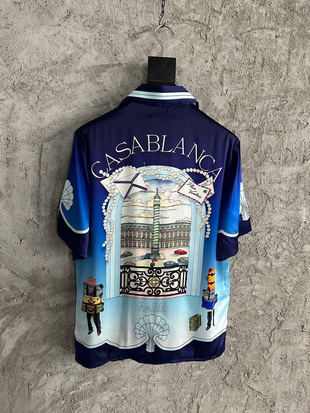 Blaues Seiden-Gradienten-Print Kurzarmhemd – Herren