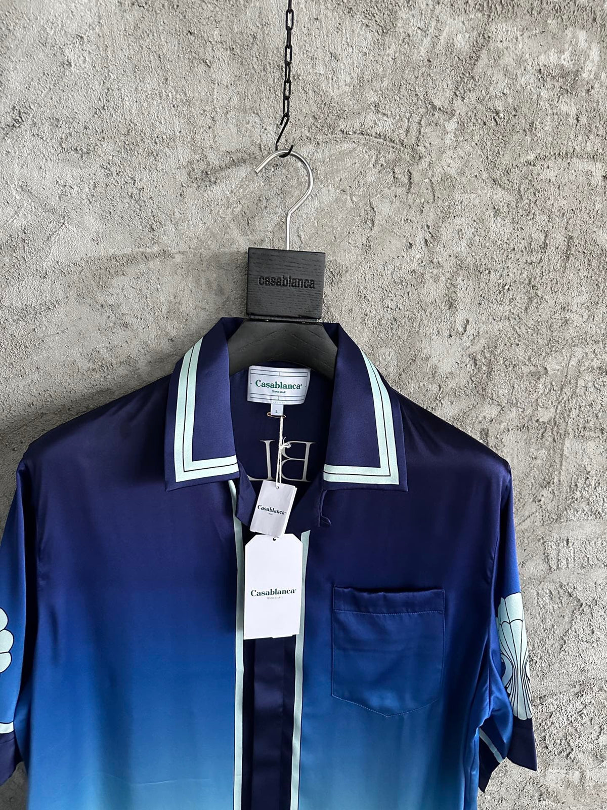 Blaues Seiden-Gradienten-Print Kurzarmhemd – Herren
