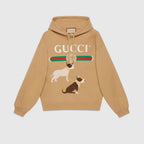 Cotton Jersey Sweatshirt – camel felted cotton jersey vintage logo and dog print Fixed hood – LUX VERSE Luxury Designer Fashion Outlet