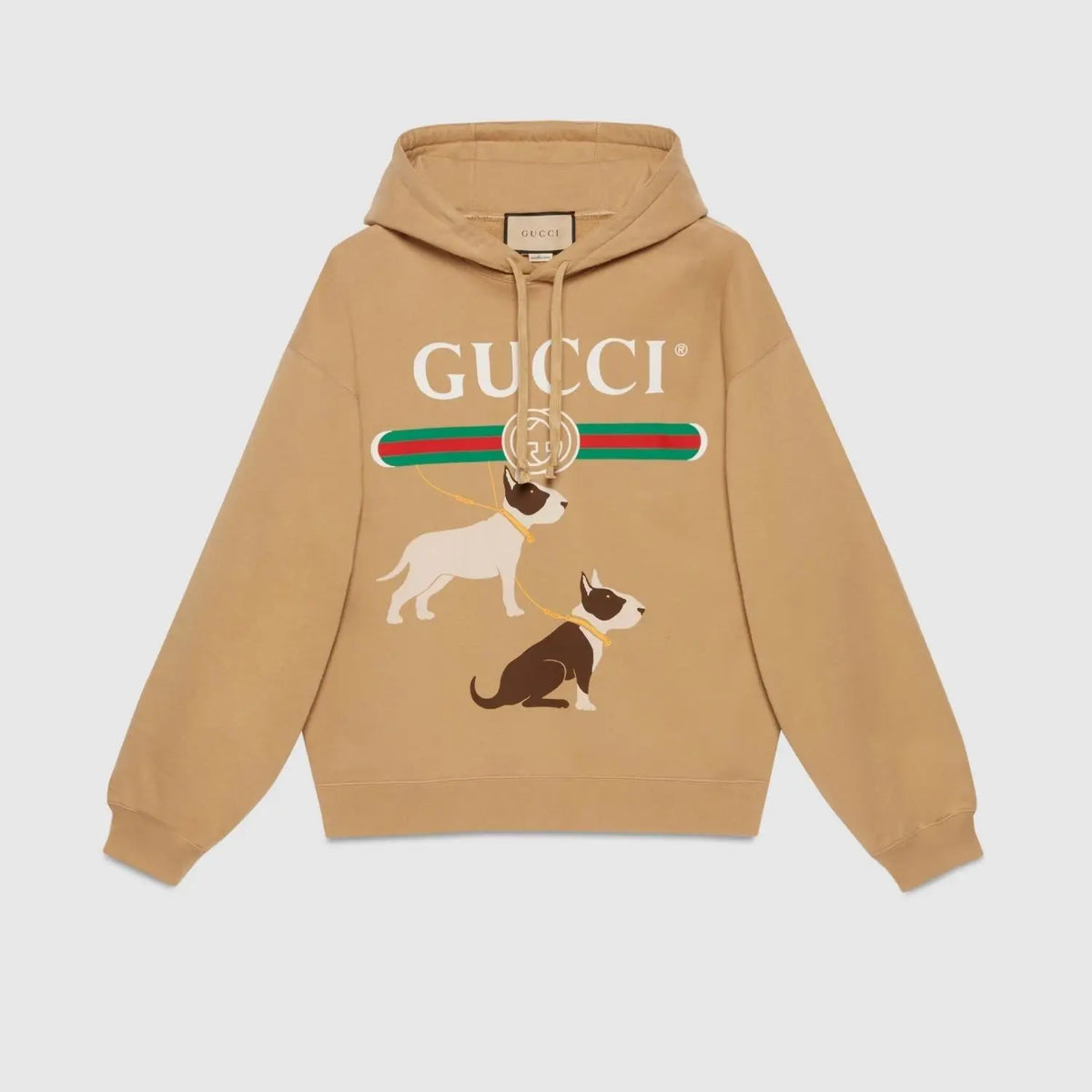 Cotton Jersey Sweatshirt – camel felted cotton jersey vintage logo and dog print Fixed hood – LUX VERSE Luxury Designer Fashion Outlet