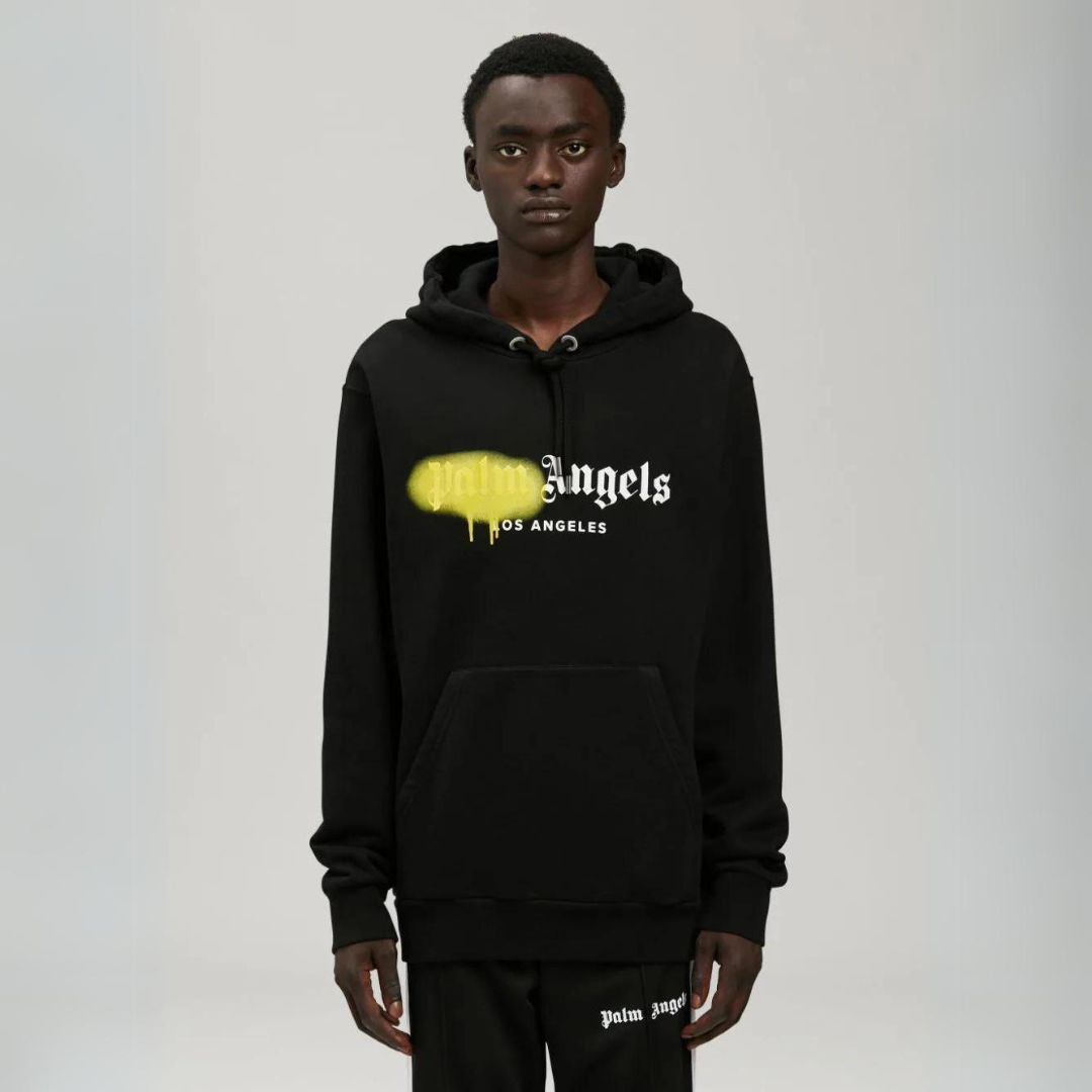 LOS ANGELES SPRAYED HOODIE – yELLOW SPRAYED PRINT AT FRONT – LUX VERSE Luxury Designer Fashion Outlet