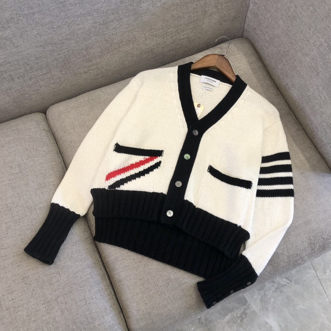 Cremefarbener Woll-Colourblock-Cardigan – Herren