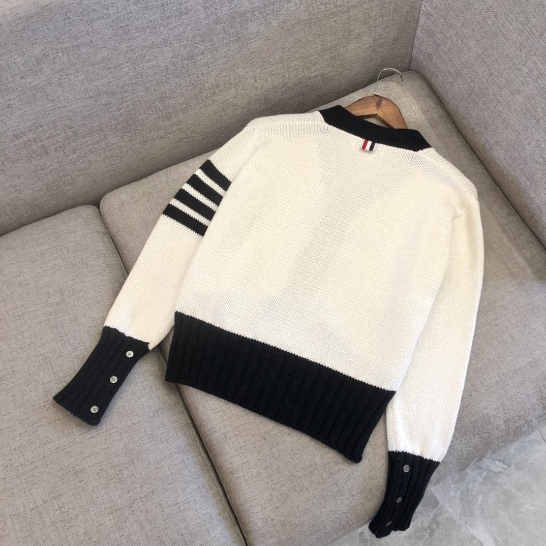 Cremefarbener Woll-Colourblock-Cardigan – Herren