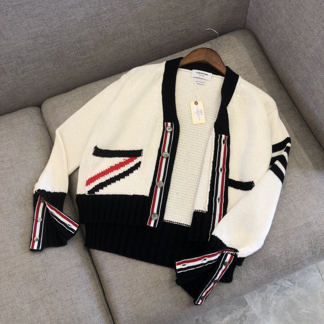 Cremefarbener Woll-Colourblock-Cardigan – Herren