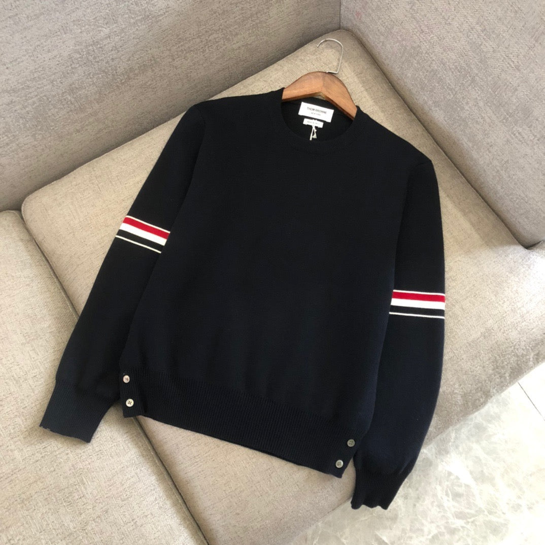 Schwarzer Woll-Armstreifen-Rundhals-Pullover – Herren