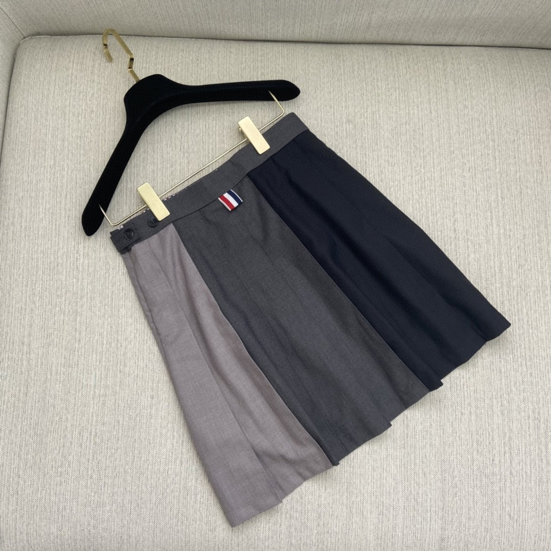 Grey Wool Colourblock Pleated Skirt - Women's