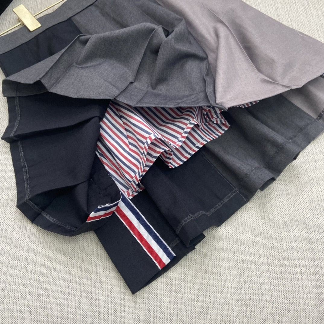 Grey Wool Colourblock Pleated Skirt - Women's