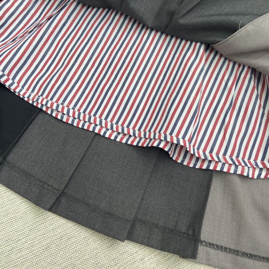 Grey Wool Colourblock Pleated Skirt - Women's