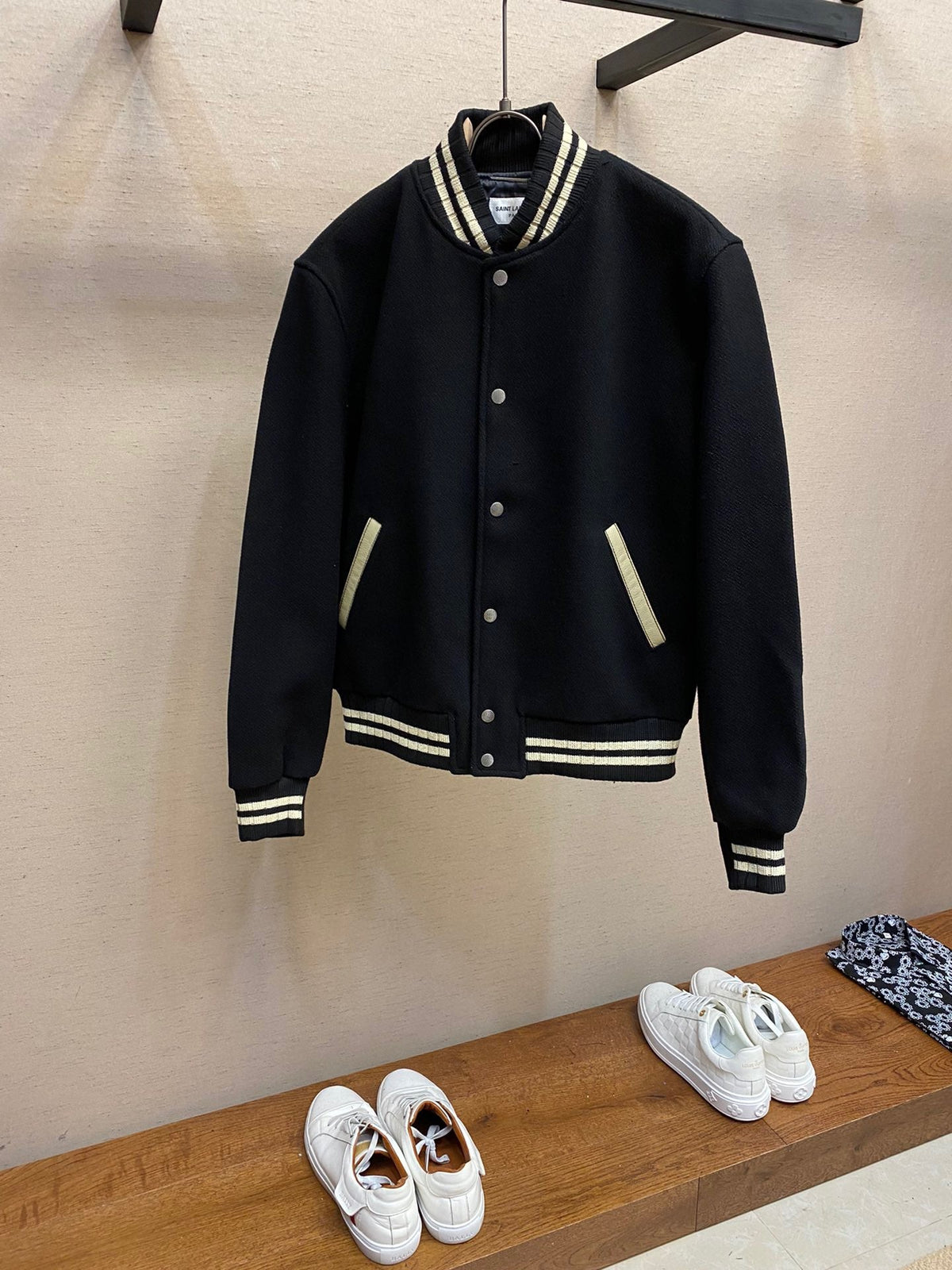 Black Wool Striped Trim Varsity - Men's