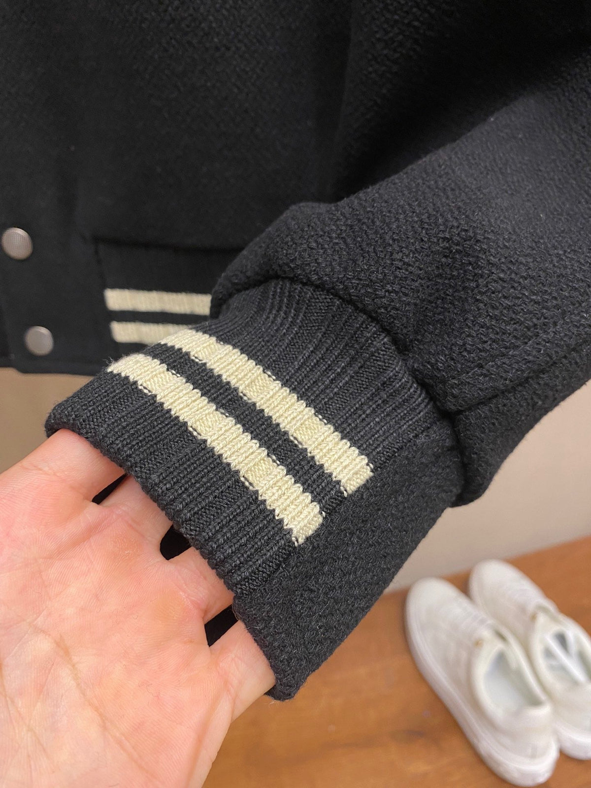 Black Wool Striped Trim Varsity - Men's