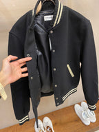 Black Wool Striped Trim Varsity - Men's