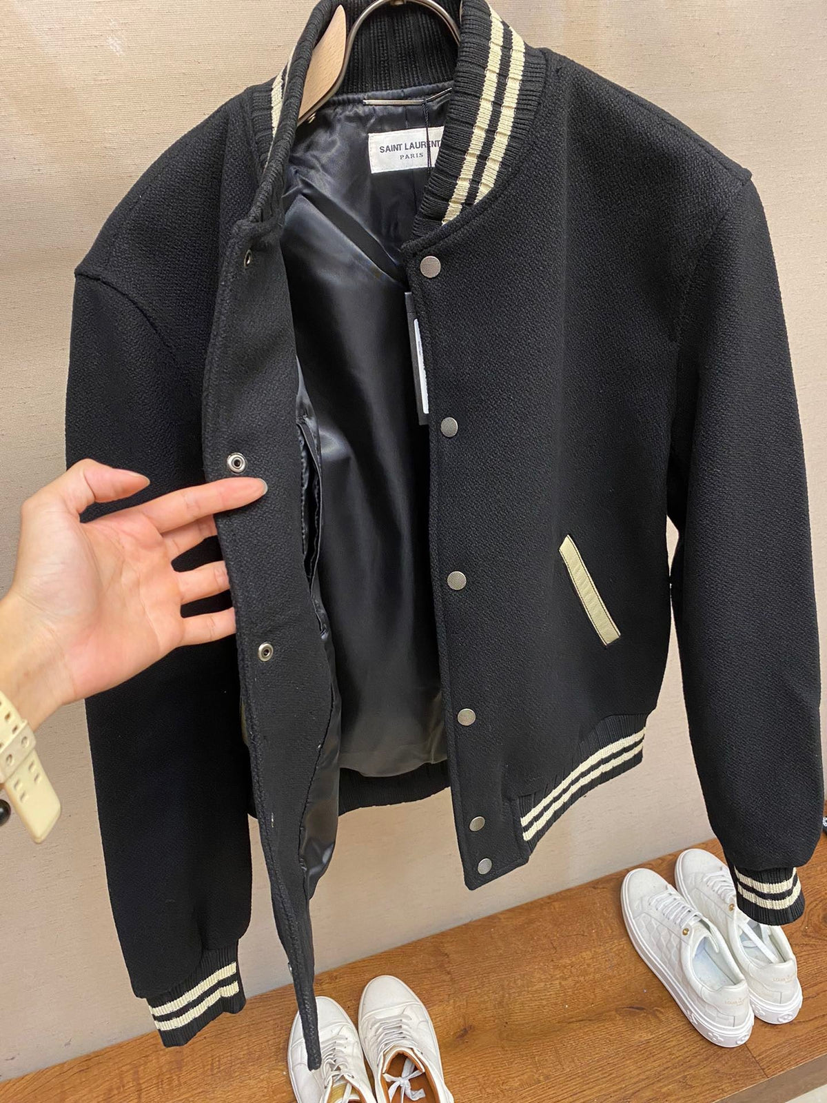 Black Wool Striped Trim Varsity - Men's