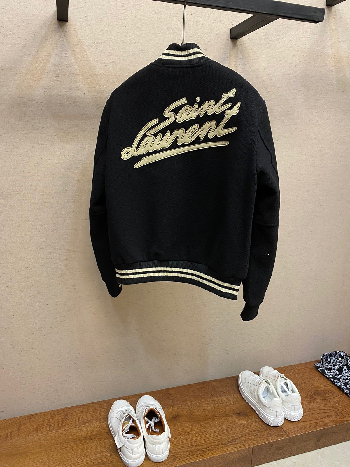 Black Wool Striped Trim Varsity - Men's