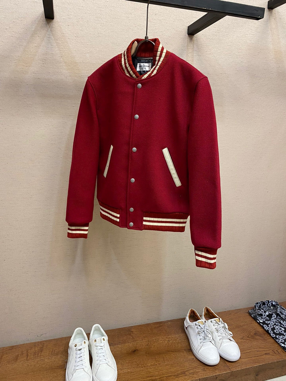 Black Wool Striped Trim Varsity - Men's