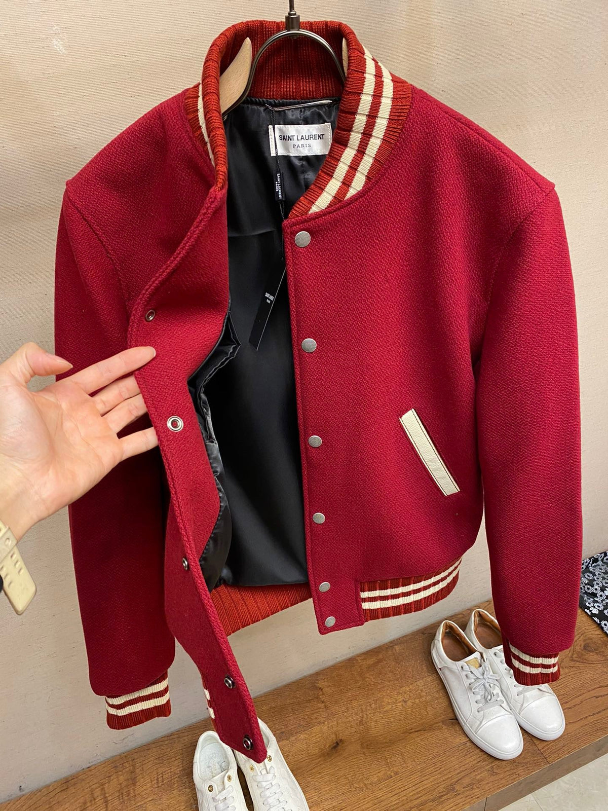 Black Wool Striped Trim Varsity - Men's