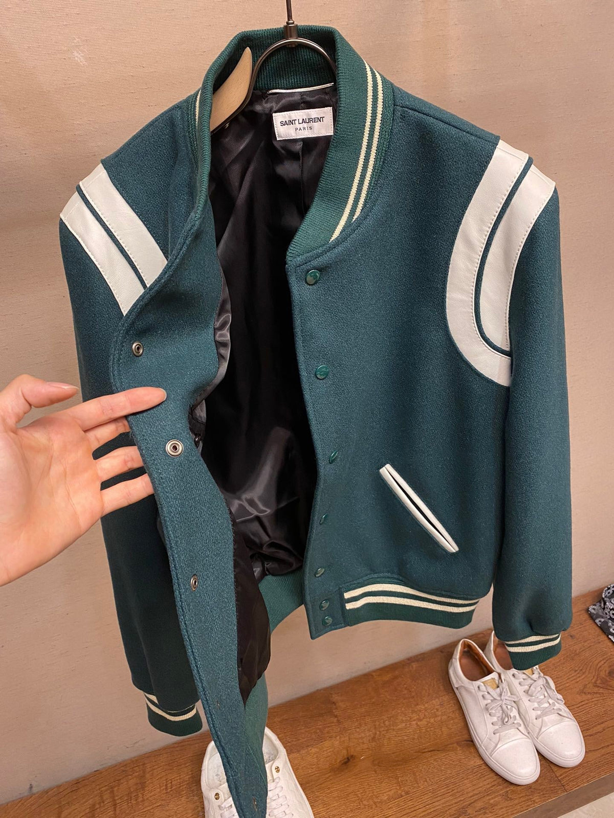 Green Wool Contrast Sleeve Varsity - Men's
