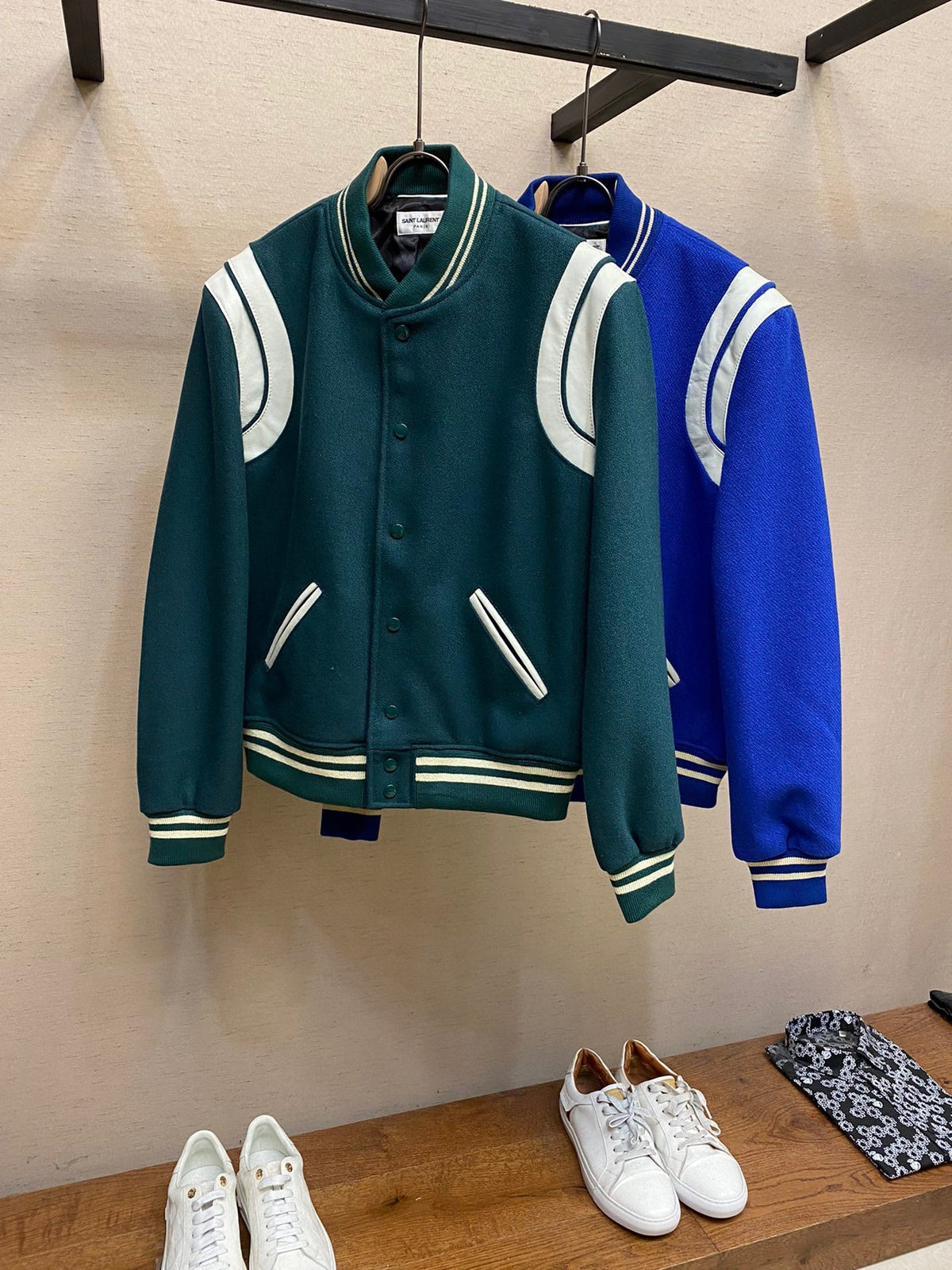 Green Wool Contrast Sleeve Varsity - Men's
