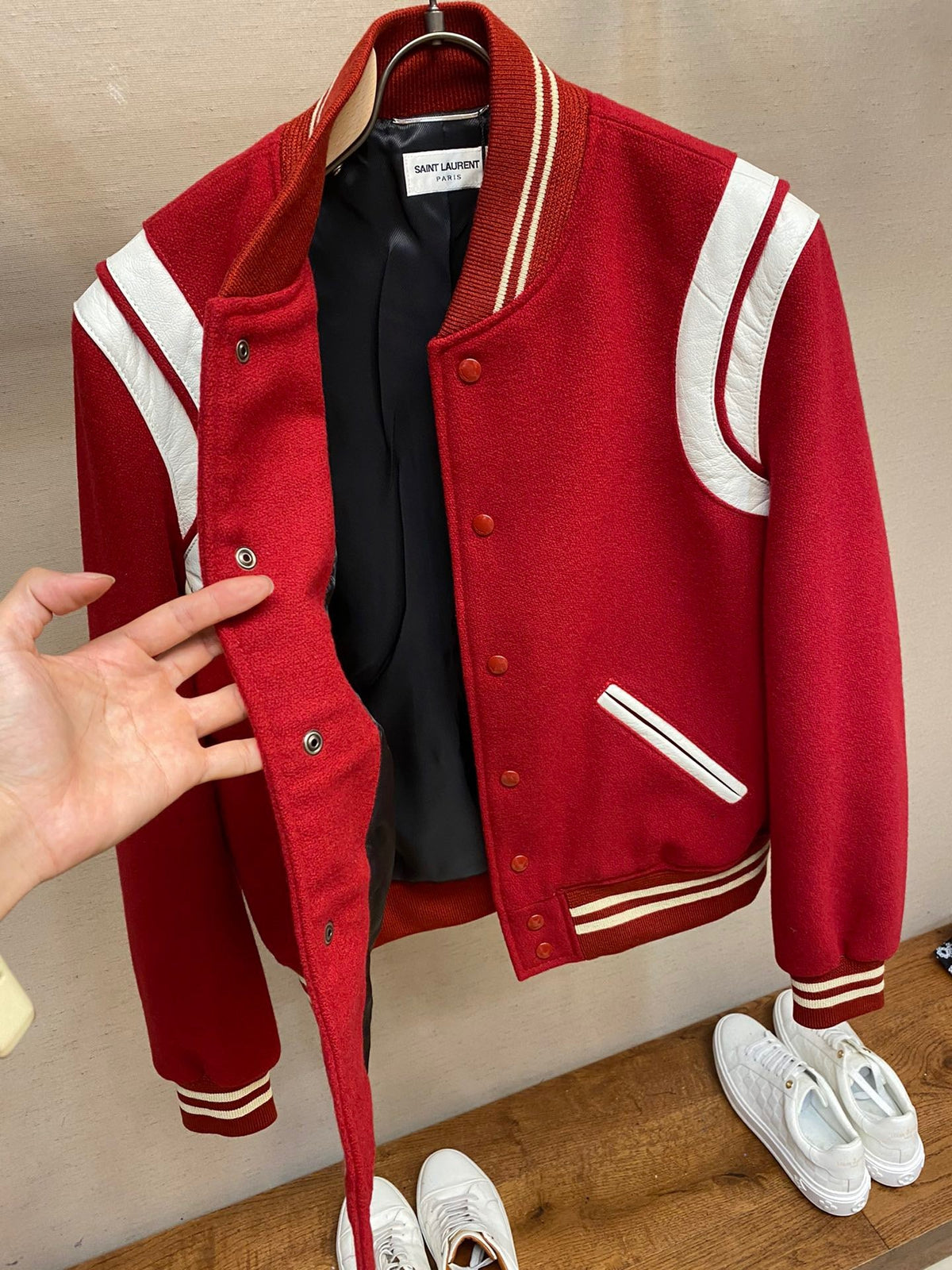 Green Wool Contrast Sleeve Varsity - Men's