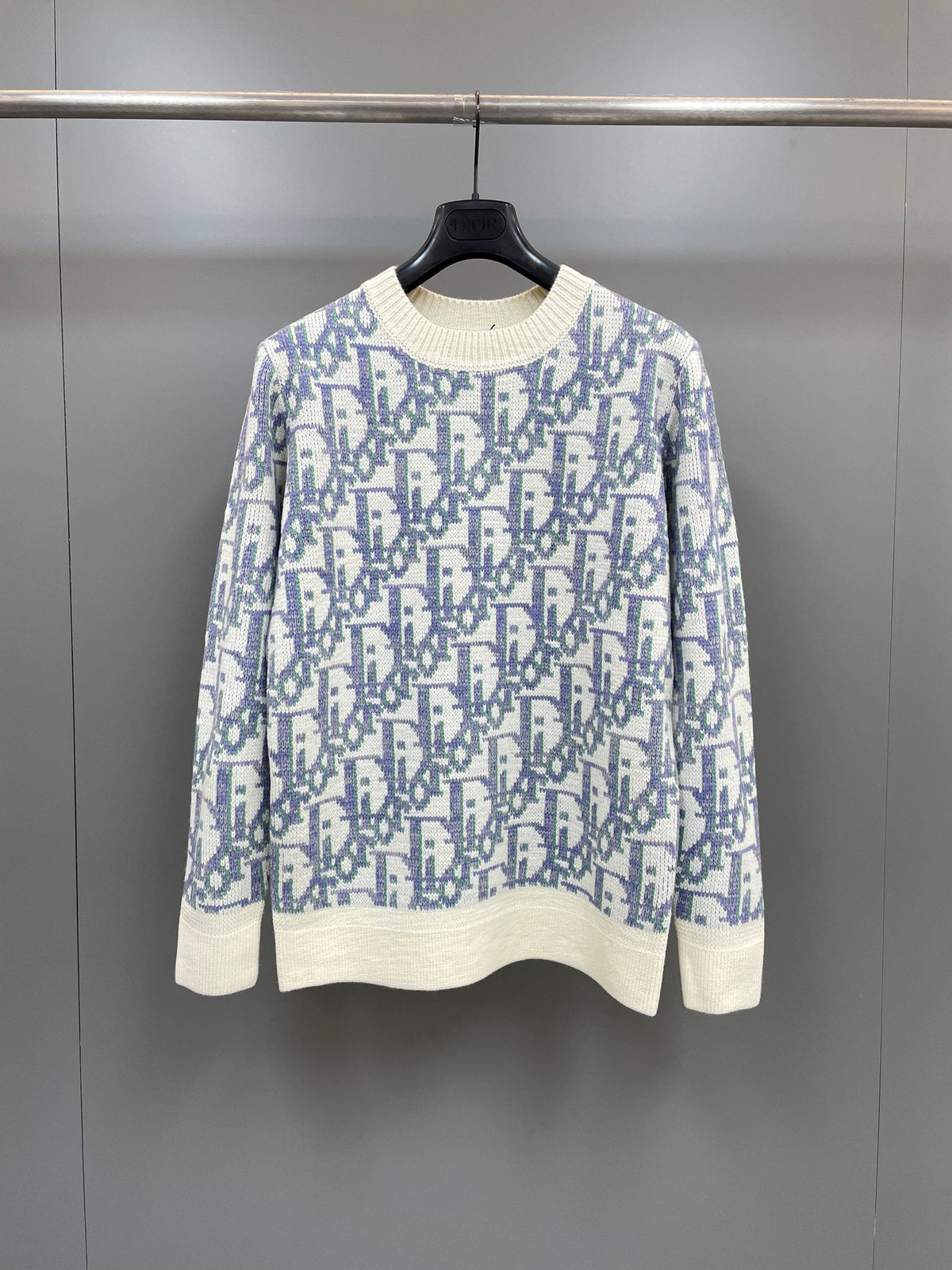 Blue Jacquard Contrast Trim Crewneck - Men's