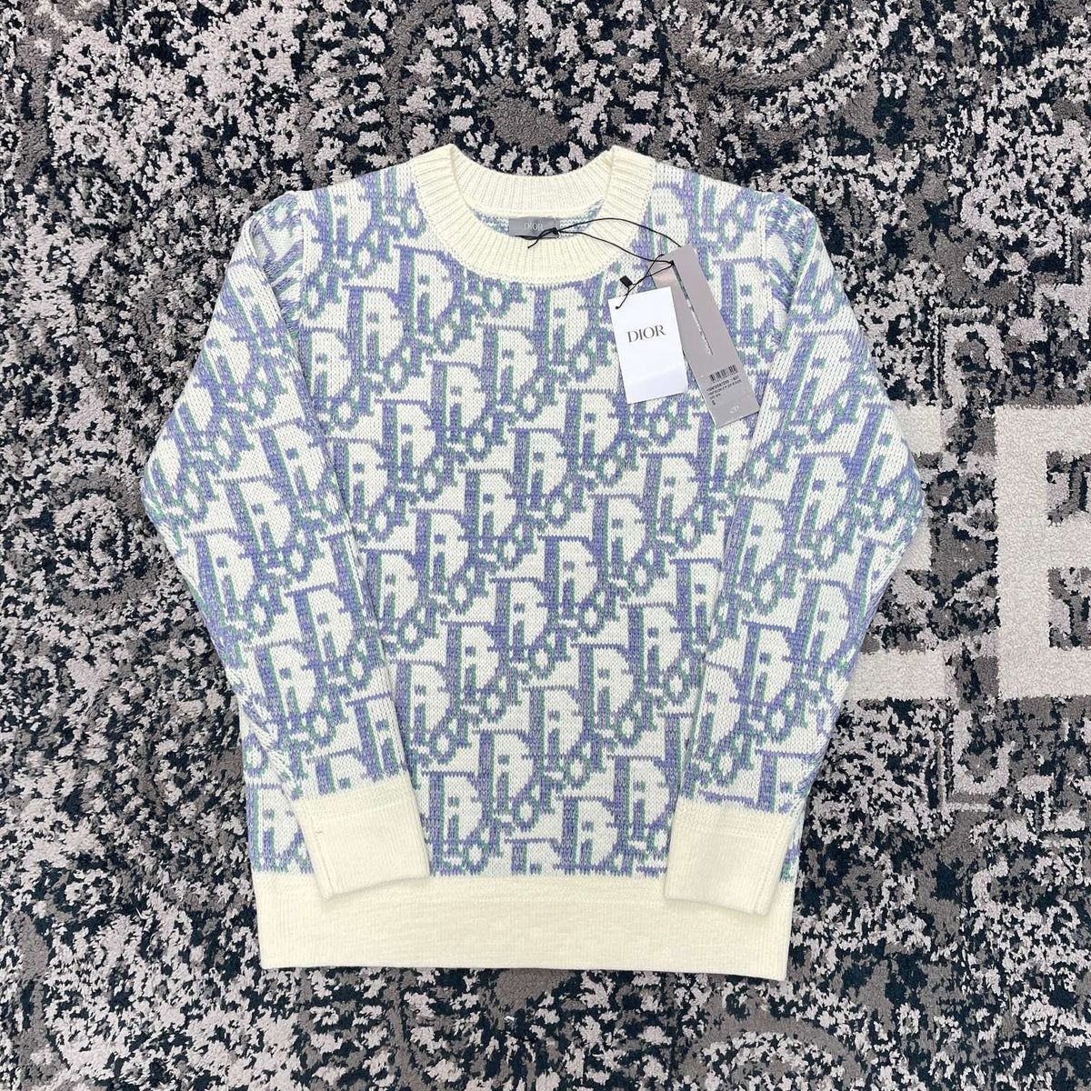 Blue Jacquard Contrast Trim Crewneck - Men's