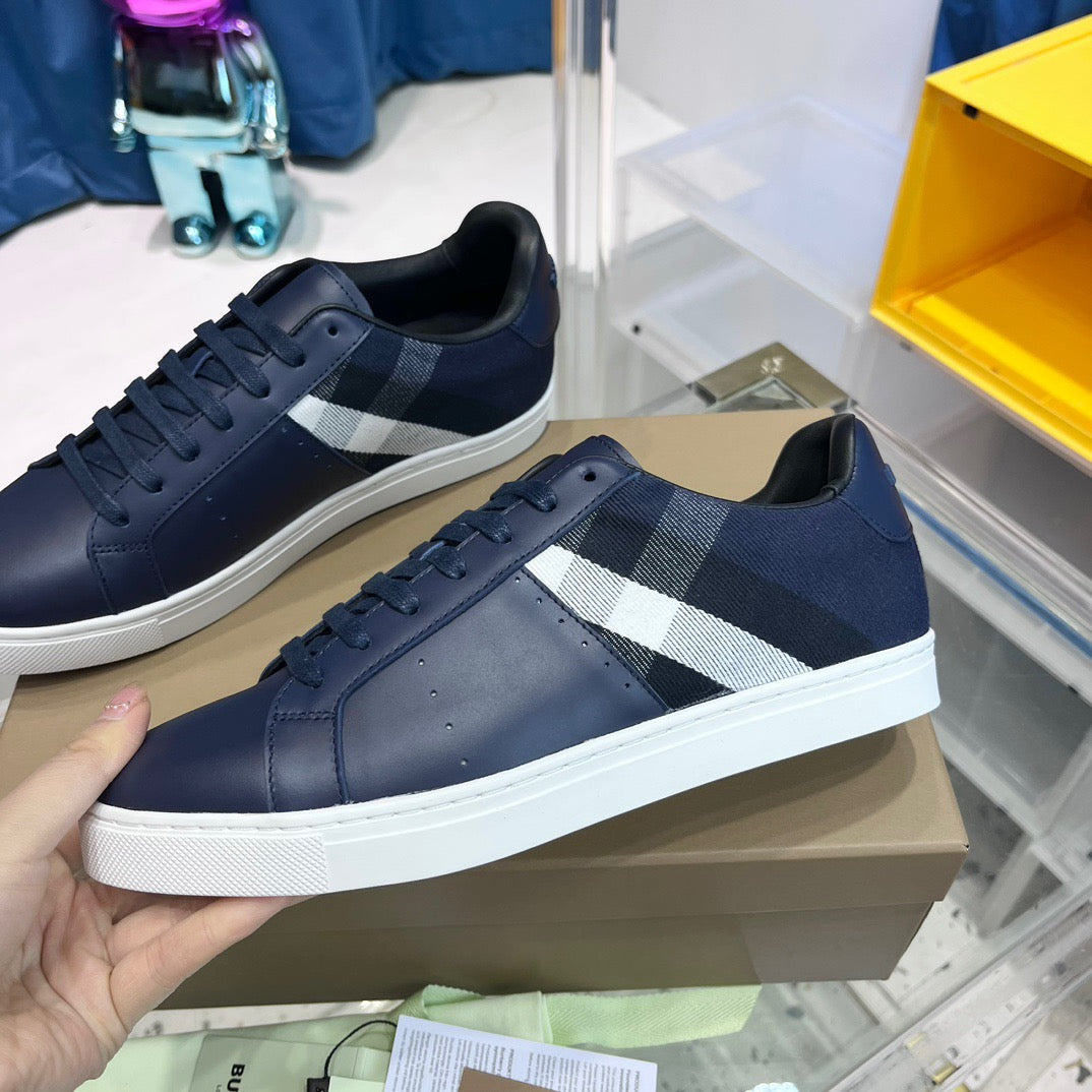 Navy Leather Striped Low-Top - Men's