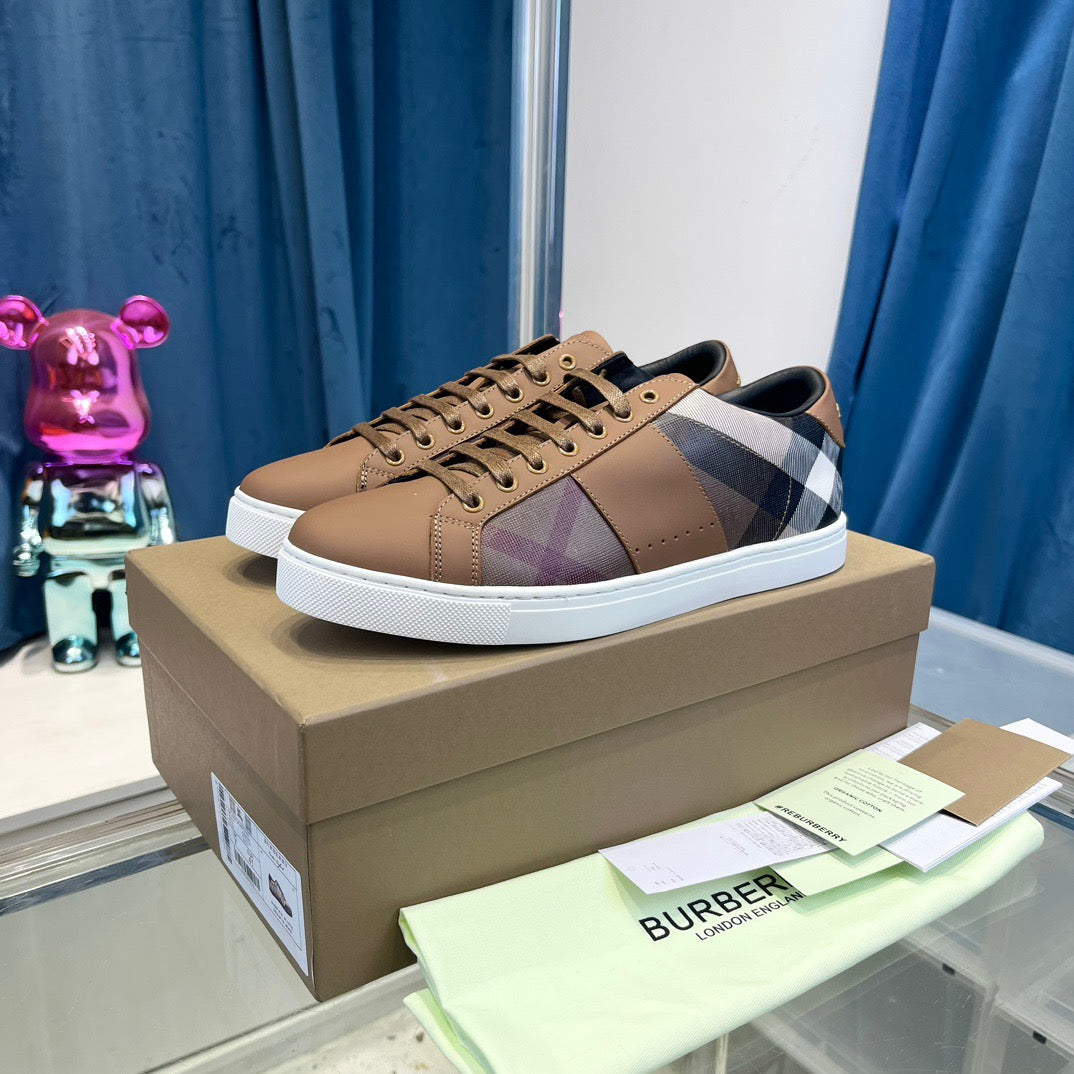 Camel Leather Check Panel Low-Top - Men's