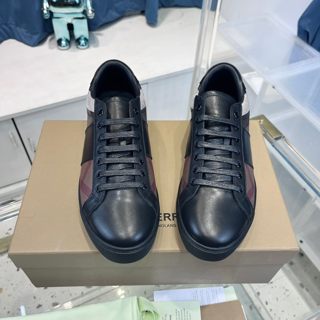 Black Leather Check Panel Low-Top - Men's