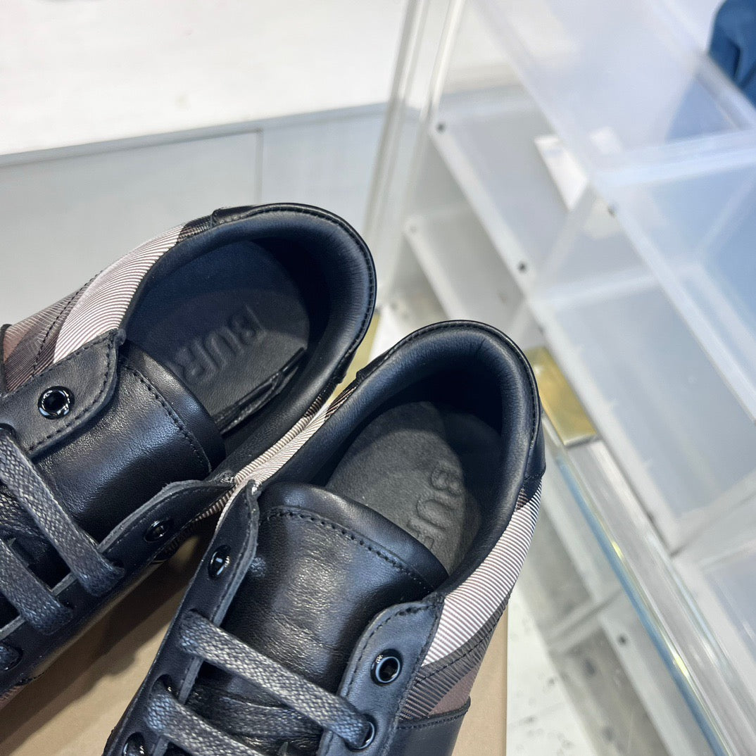 Black Leather Check Panel Low-Top - Men's